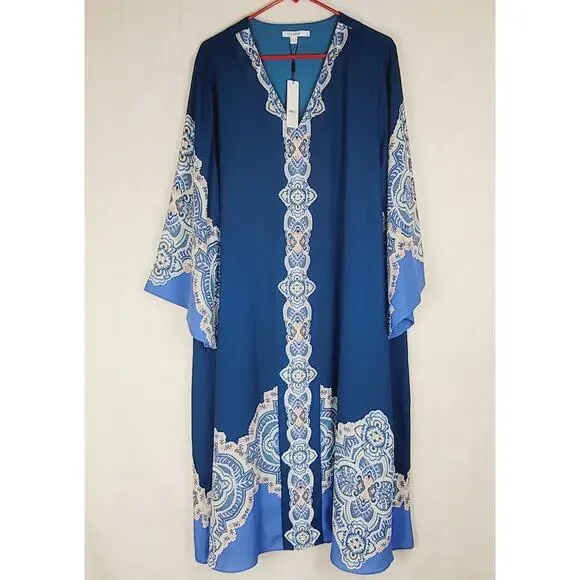 New Chico's seaport blue popover kaftan midi dress Size XXL Boho Lagenlook - Picture 2 of 11